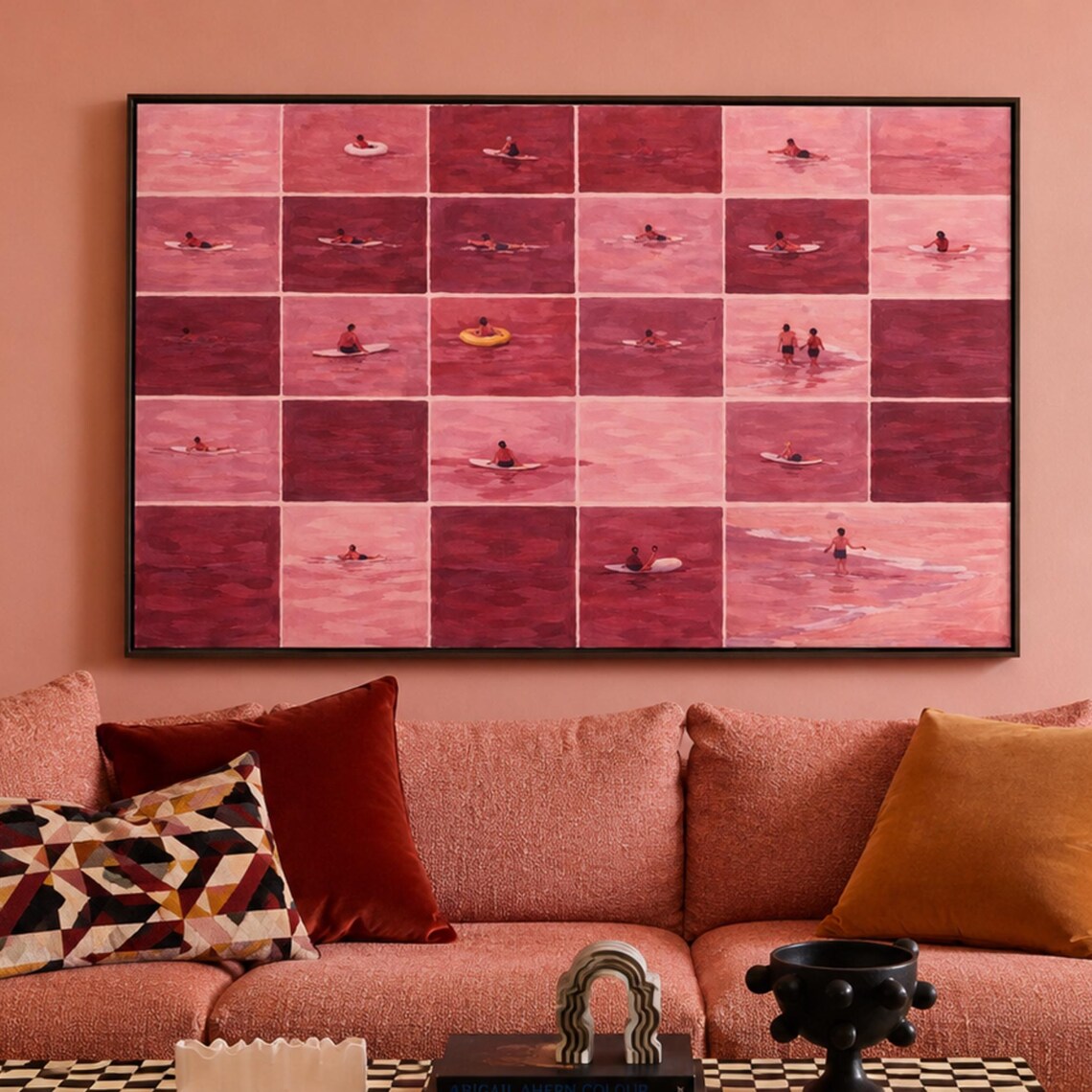 Tiny Swimmers Minimalist Pool Art Print, Pink Sea