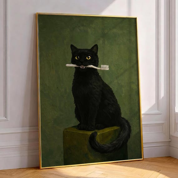 Black Cat Restroom Decor Funny Bathroom Wall Art Humorous Animal Toilet Poster Vintage Green Oil Painting Quirky Brushing Teeth Print