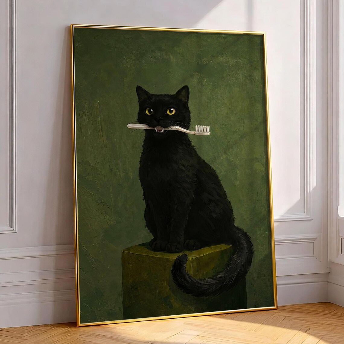 Black Cat Holding a Toothbrush Funny Painterly Feline Poster