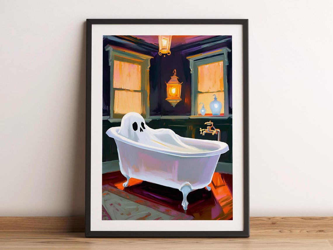 Cute Ghost In Bathtub Spooky Halloween Bathroom Painting Poster