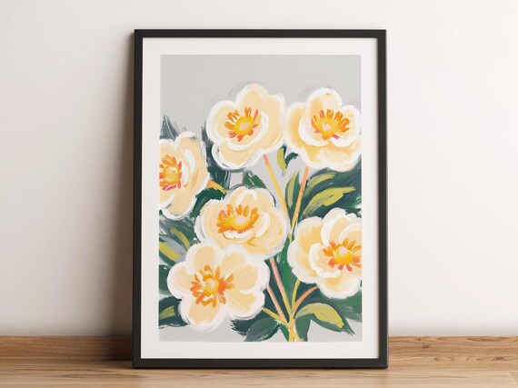 Soft Yellow Flowers Floral Art Neutral Home Decor Botanical Wall Print Pastel Watercolor
