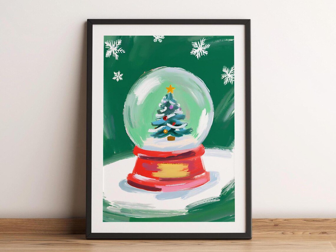 Christmas Tree Snow Globe Green Holiday Vintage Painting Art Poster