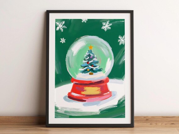 Christmas Tree Snow Globe Green Holiday Vintage Painting Art Poster