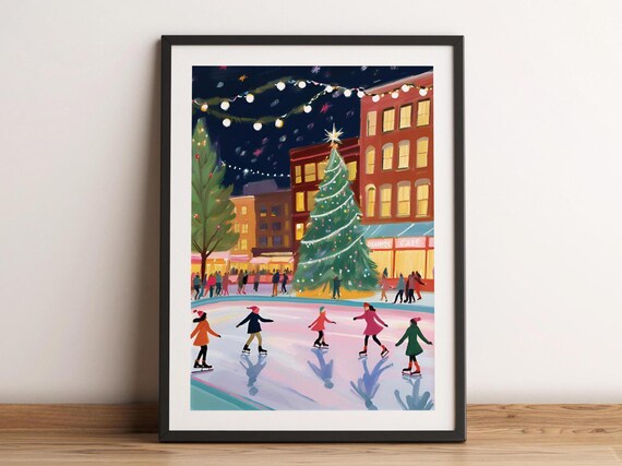 Christmas Tree In City Plaza With Ice Skaters Night Lights Poster
