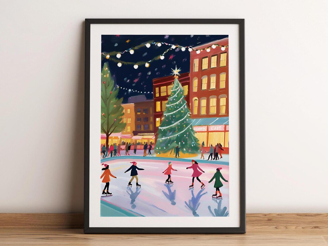 Christmas Tree In City Plaza With Ice Skaters Night Lights Poster