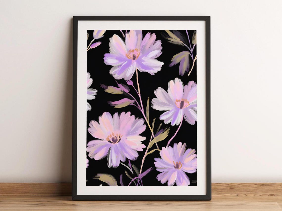 Purple Wildflowers on Black Botanical Moody Floral Decor Poster