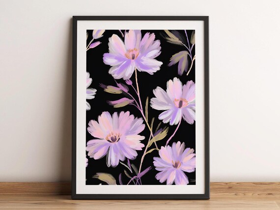 Purple Wildflowers on Black Botanical Moody Floral Decor Poster