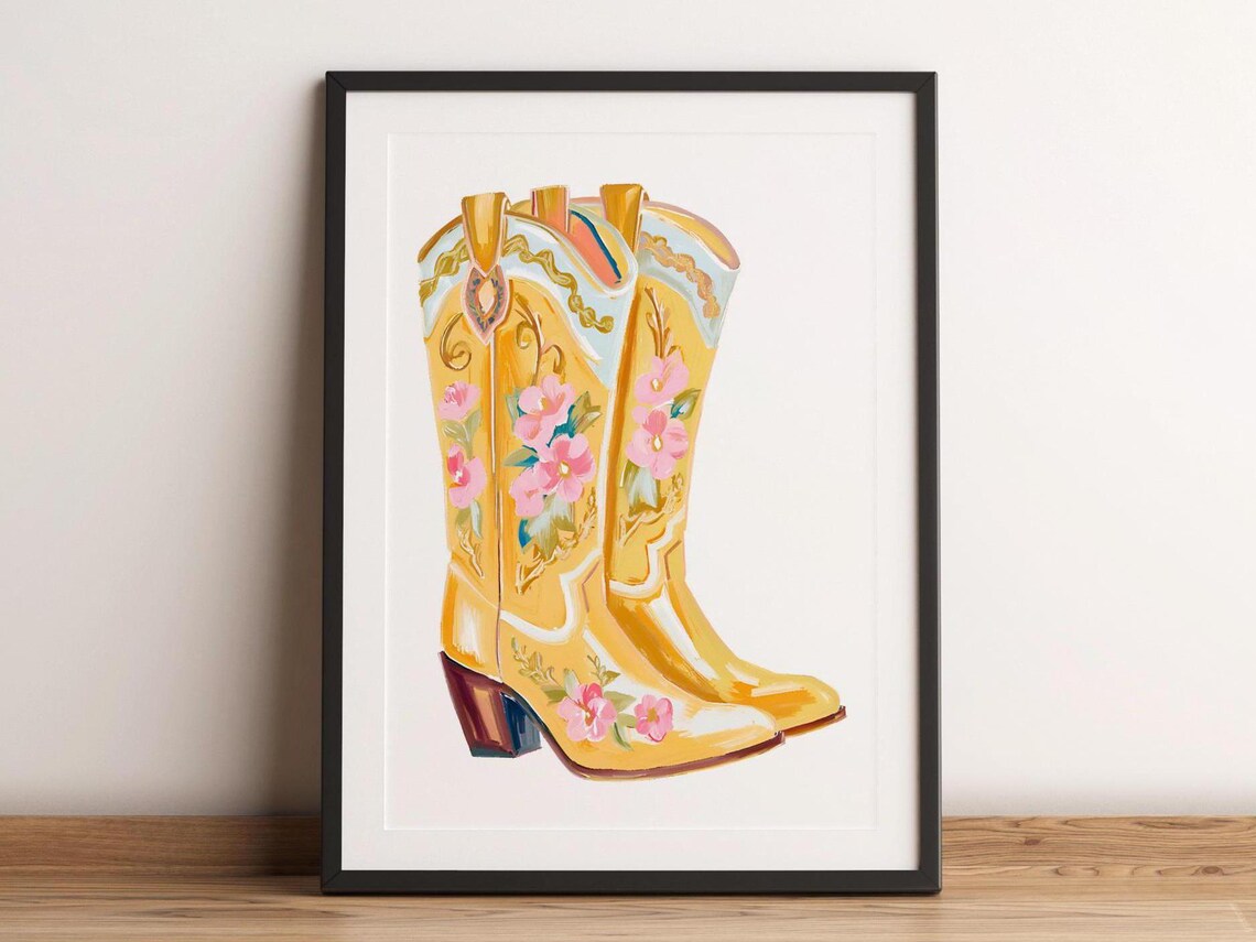 Yellow Cowboy Boots Floral Print, Vintage Western Poster