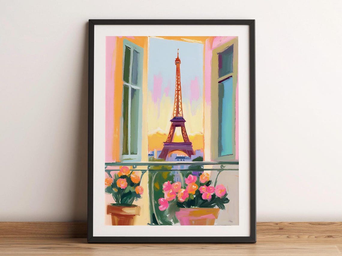 Parisian Balcony Eiffel Tower View Pink Watercolor Travel Art Poster