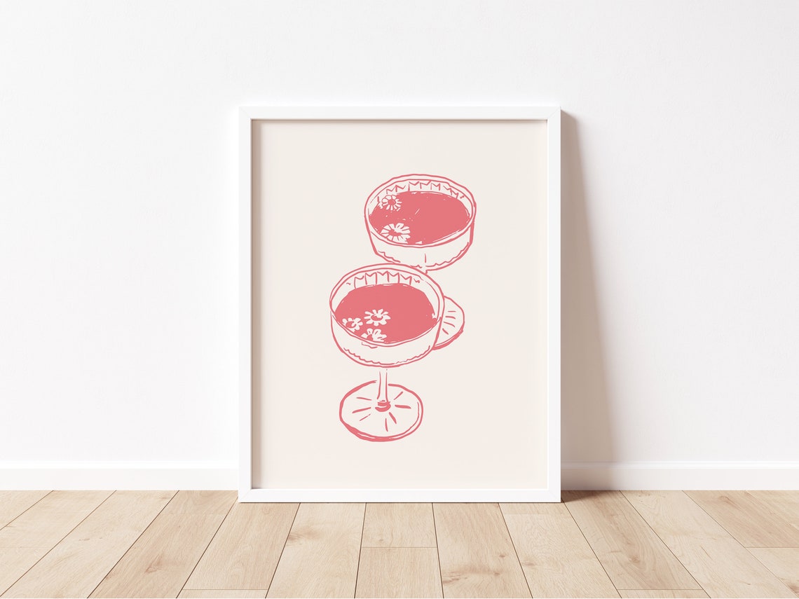 Vintage Cocktail Coupe Glasses Red Line Art Bar Cart Wall Print - Image 2