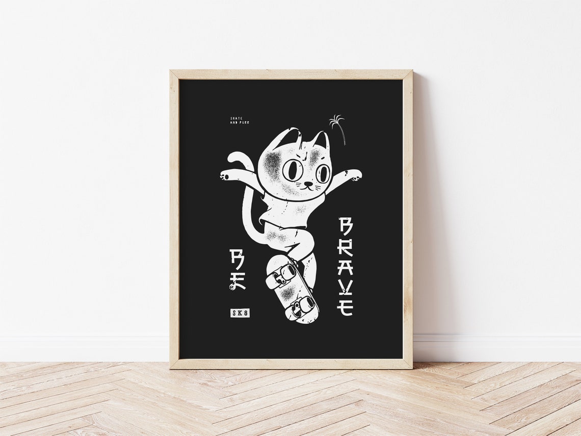 Be Brave Skater Cat Black Skateboard Punk Style Night Poster - Image 2