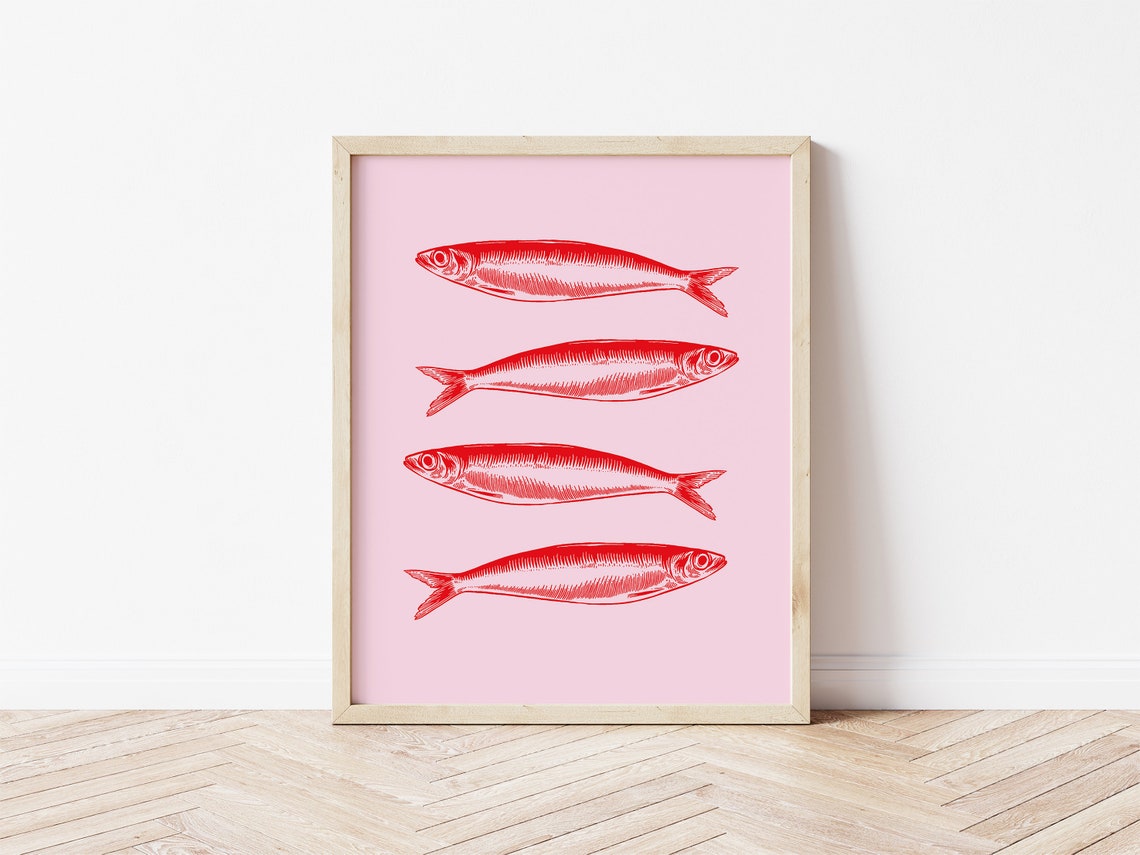 Four Red Sardines Pink Coastal Kitchen Seafood Cute Wall Art - Image 2
