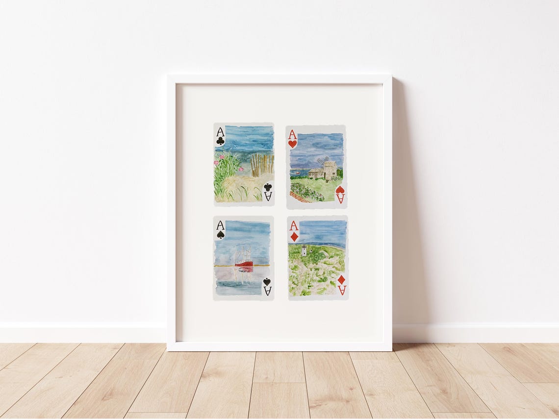 Four Aces Coastal Beach Watercolor Playing Card Set Art Poster - Image 2