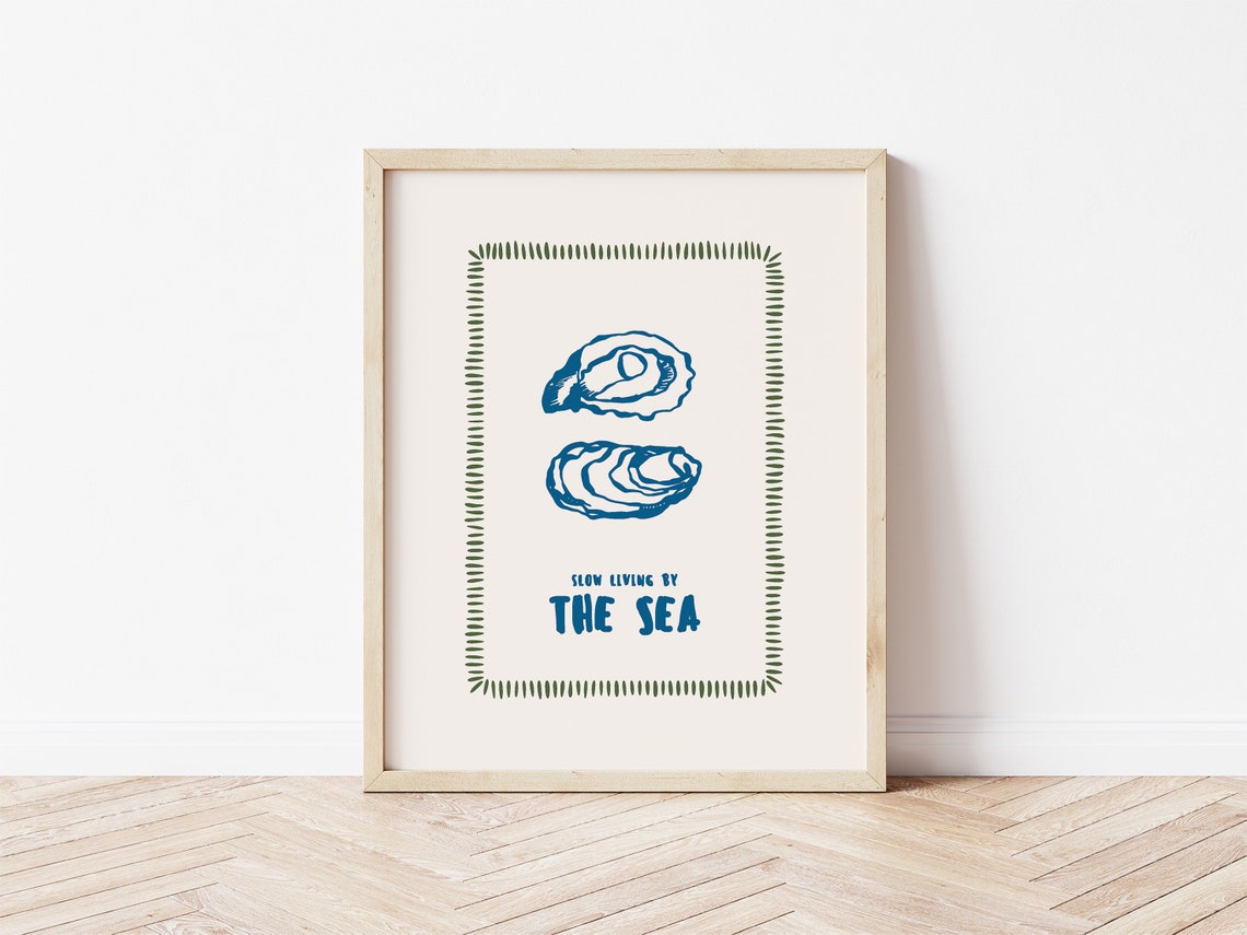 Slow Living By The Sea Navy Oyster Coastal Quote Line Art Print - Image 2