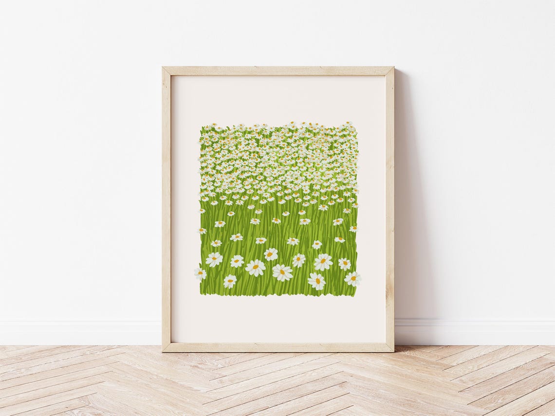 White Daisy Flower Field Lush Green Meadow Botanical Wall Art - Image 2