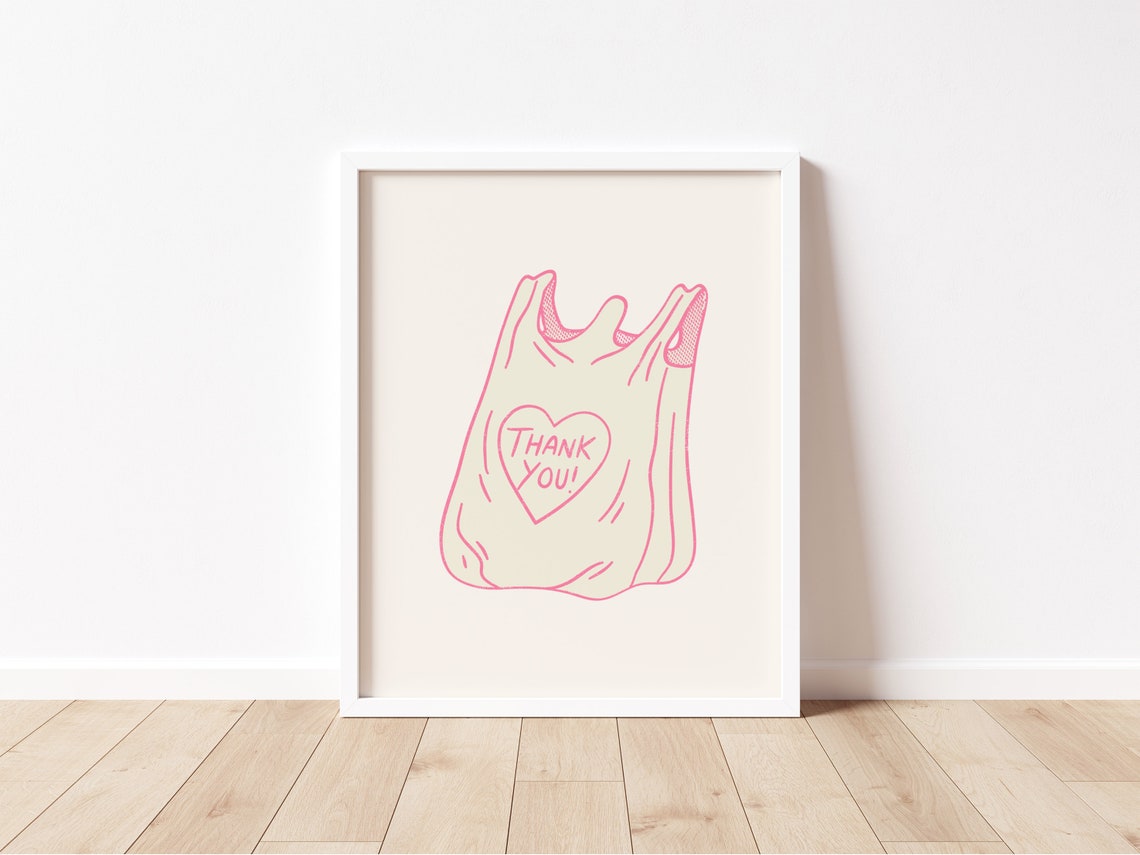 Thank You Grocery Bag Pink Heart Line Art Kitchen Wall Print - Image 2