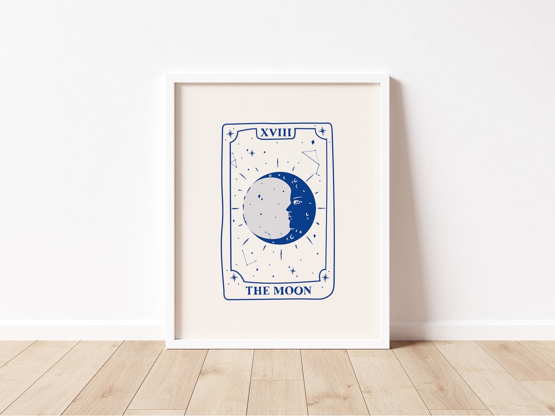 The Moon Tarot Card XVIII Blue Starry Celestial Spiritual Wall Art - Image 2