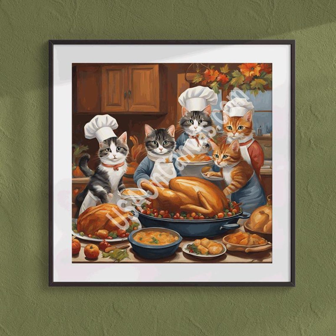 Four Chef Cats Cooking a Grand Thanksgiving Turkey Dinner Poster