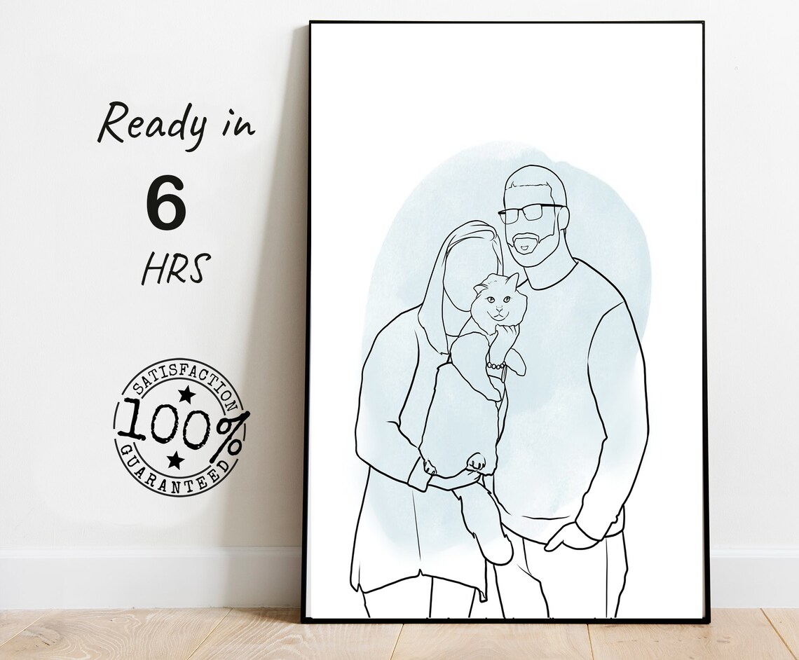Faceless Couple Line Drawing Portrait with Cat Blue Watercolor Poster