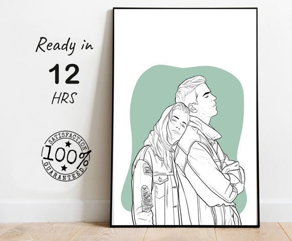 Couple Leaning Line Art Portrait Sage Green Background Poster