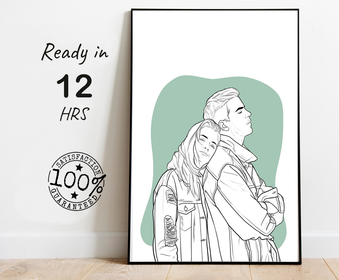 Couple Leaning Line Art Portrait Sage Green Background Poster