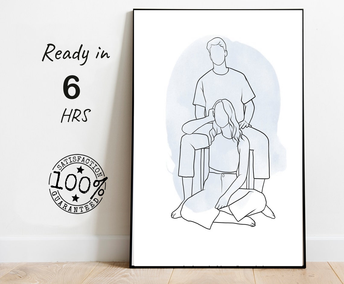 Faceless Couple Line Art Portrait Seated Pose Blue Watercolor Poster