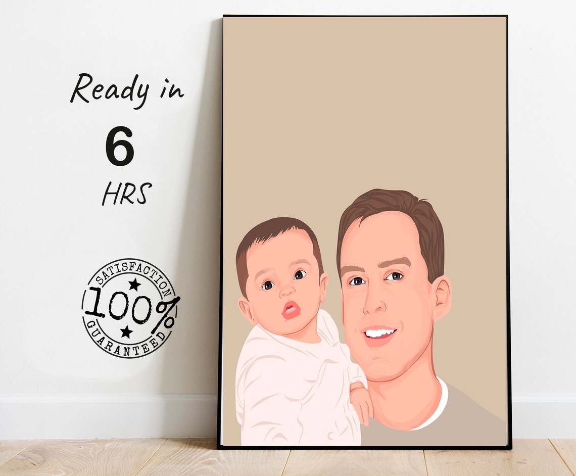 Father and Baby Vector Portrait on Warm Tan Background Poster