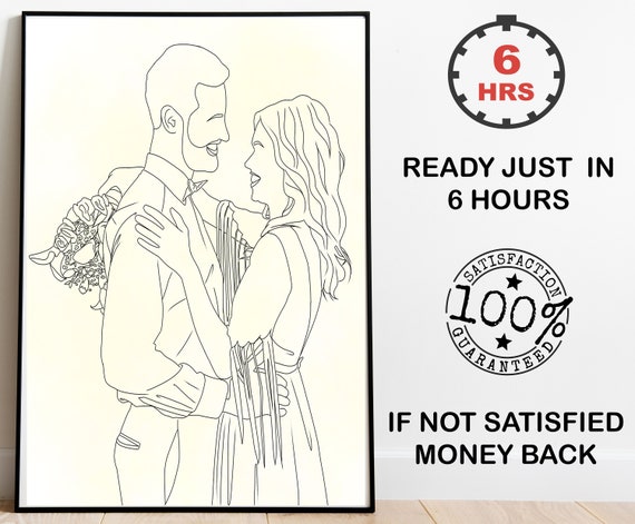 Custom Line Drawing of a Wedding Couple Embrace With Bouquet Poster