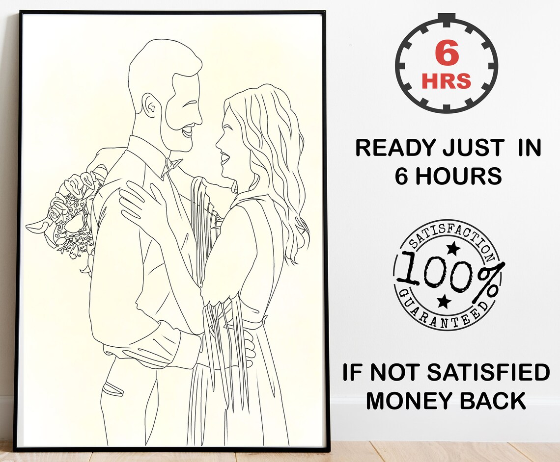 Custom Line Drawing of a Wedding Couple Embrace With Bouquet Poster