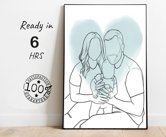 Custom Family Line Drawing With Baby and Soft Heart Shape Poster