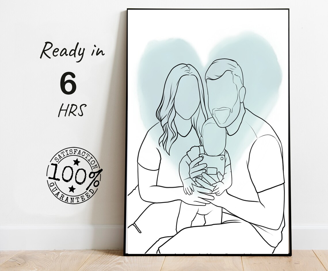 Custom Family Line Drawing With Baby and Soft Heart Shape Poster