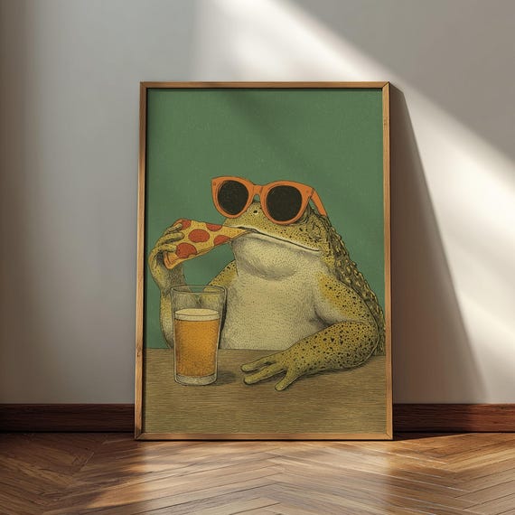 Frog Eating Pizza Retro Animal Print Midcentury Charm Wall Art