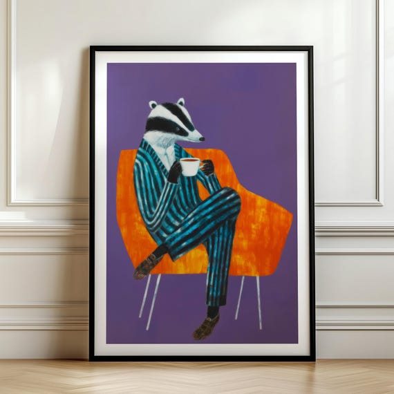 Badger Drinking Coffee Poster Midcentury Modern Print