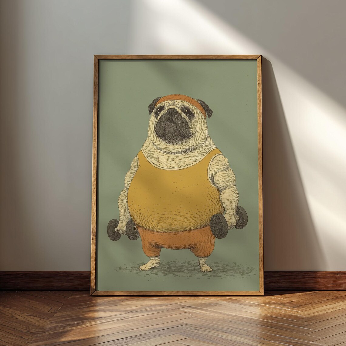Muscular Pug Lifting Weight, Funny Animal Poster