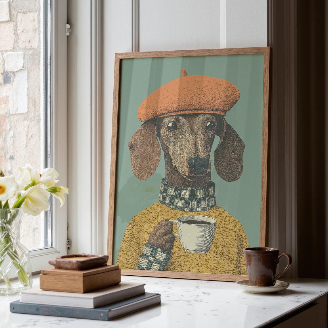 Dachshund Drinking Coffee Whimsical Animal Poster