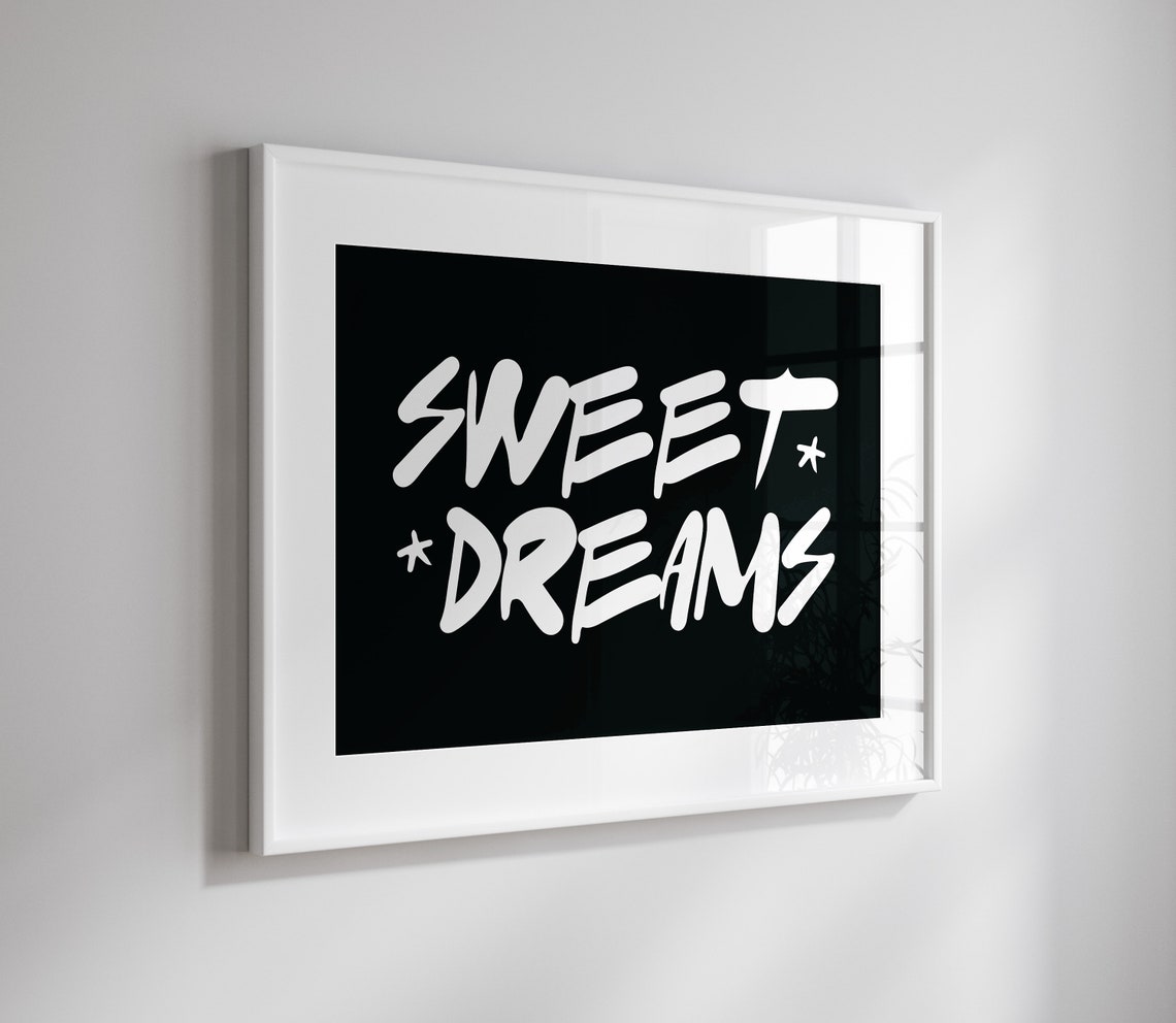 Sweet Dreams Starry Brush Lettering Black White Bedroom Poster