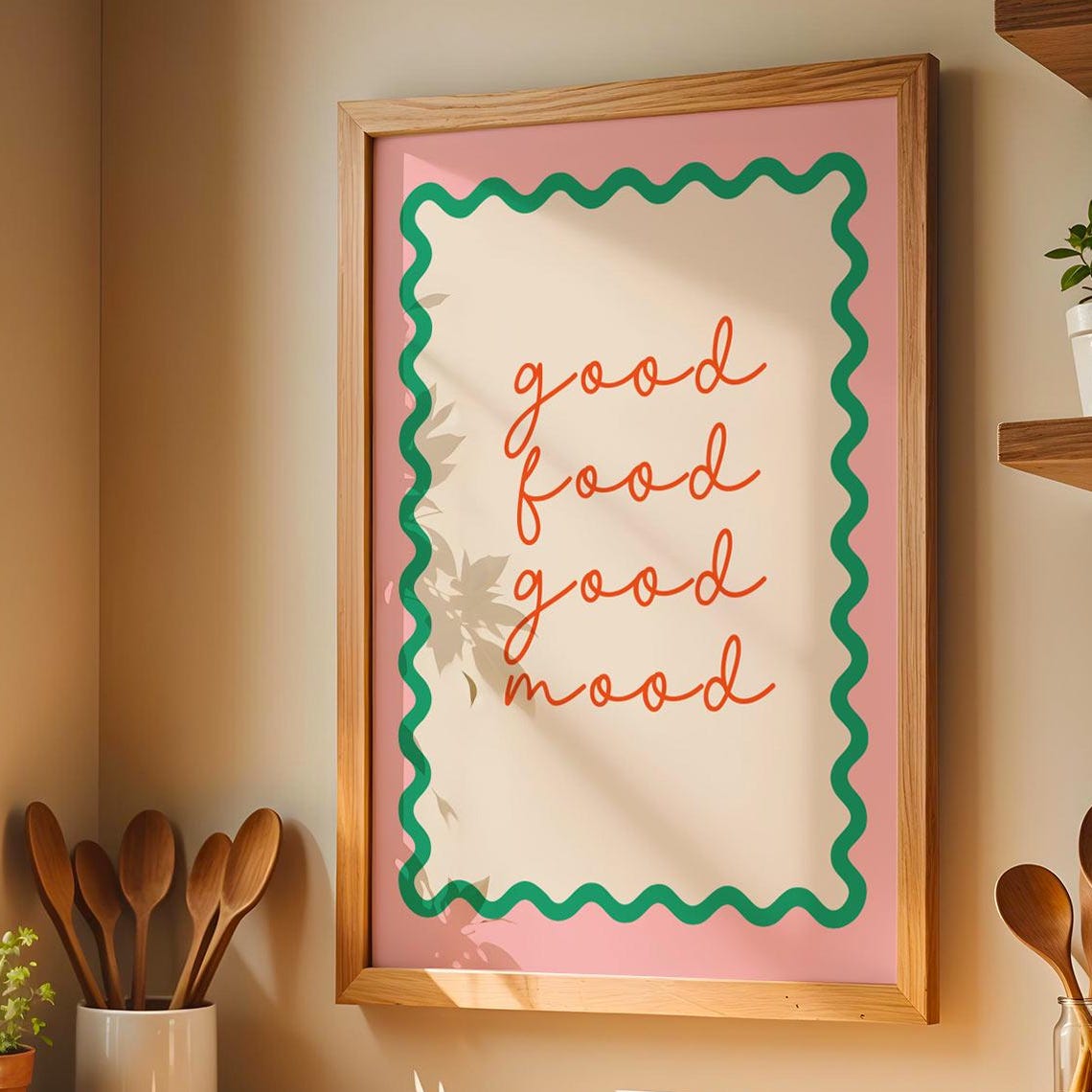 Good Food Good Mood Script Pink Green Retro Kitchen Quote Art Poster