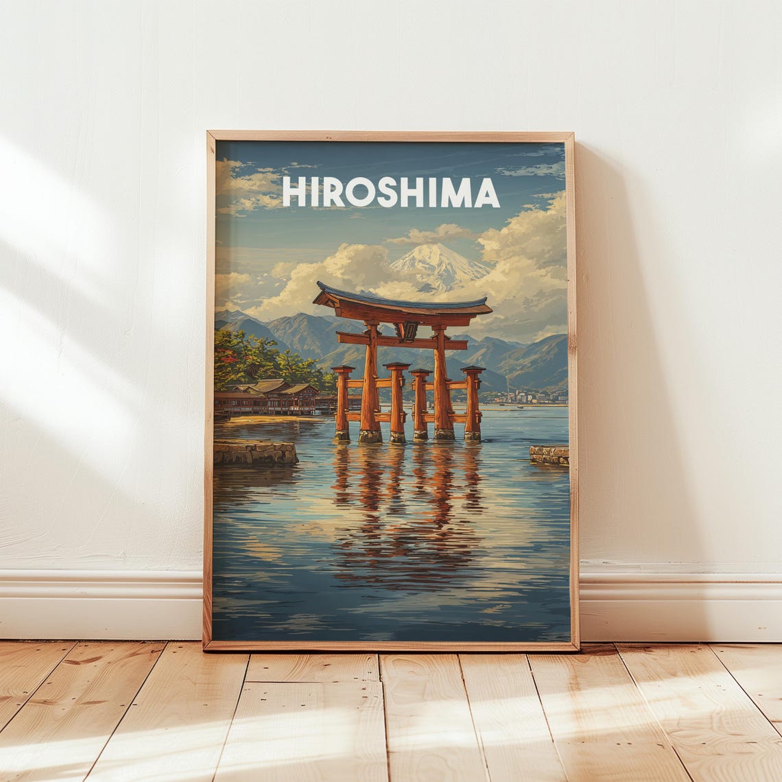 Hiroshima Japan Travel Poster Floating Torii Gate Vintage Style Art
