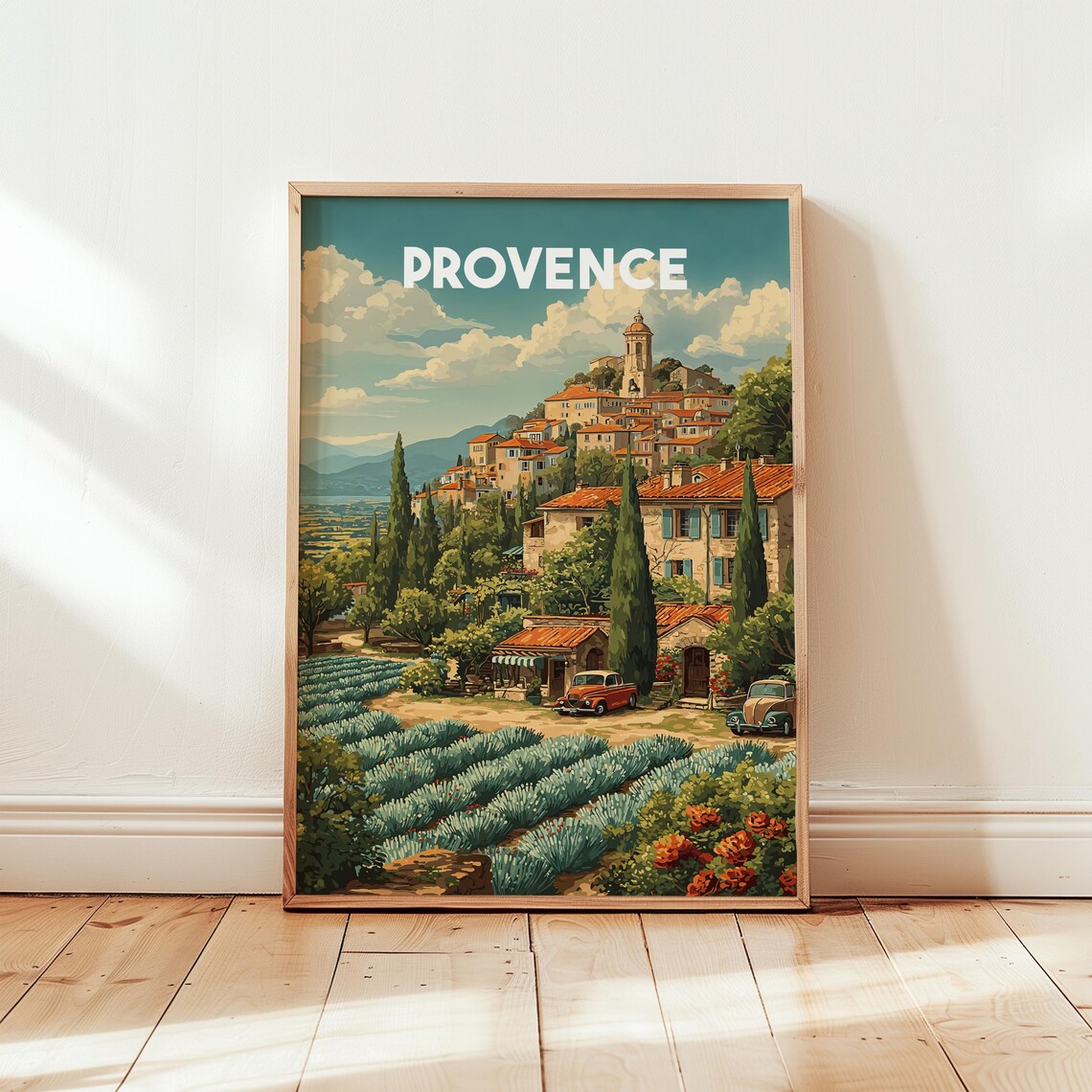 Provence France Vintage Travel Poster With Lavender Fields Village
