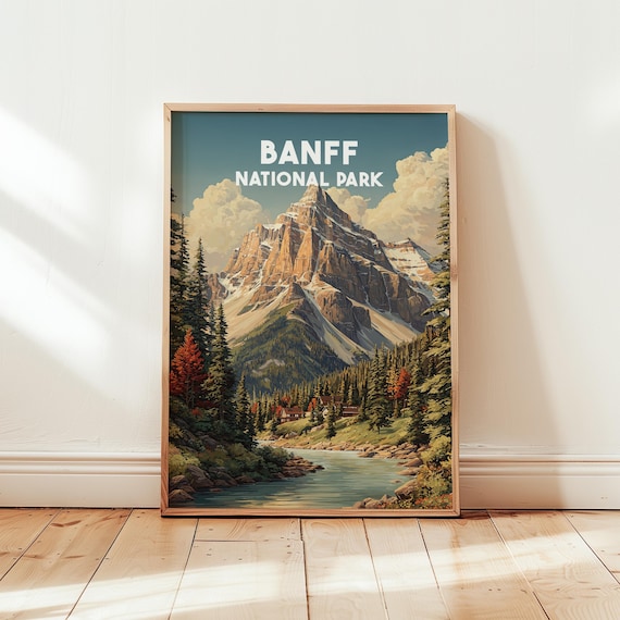 Banff National Park Rocky Peak River Vintage Canada Travel Poster