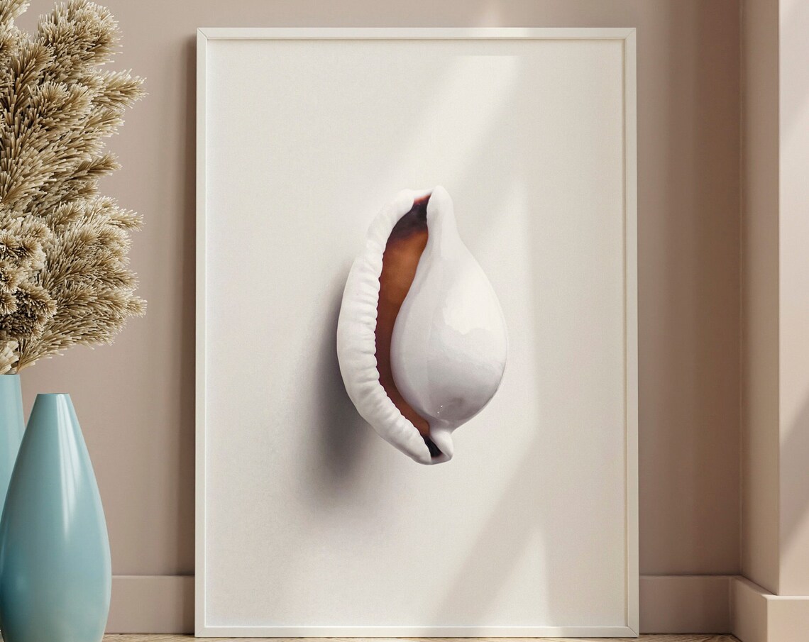 White Cowrie Seashell Minimalist Neutral Coastal Photography Print