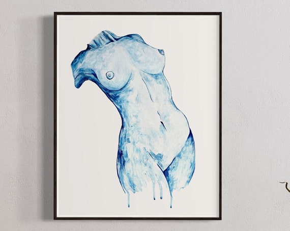 Minimal Female Nude Art Print Abstract Blue Figure Watercolour Naked Body Poster Modern Interior Boob Painting Femininity Figurative Artwork