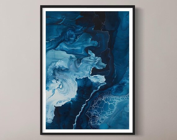 Deep Blue Ocean Abstract Fluid Ink Marble Contemporary Art Print
