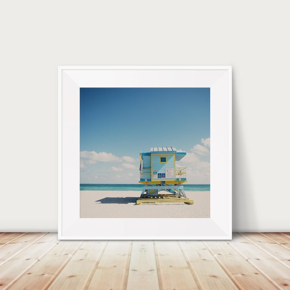 Miami Beach Lifeguard Tower Under Blue Sky Square Photo Poster