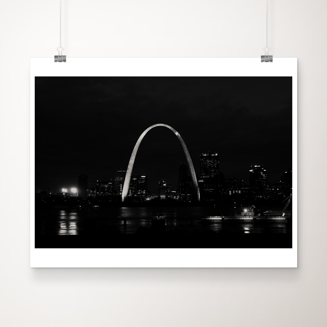St Louis Gateway Arch Mississippi River Night Black White Poster