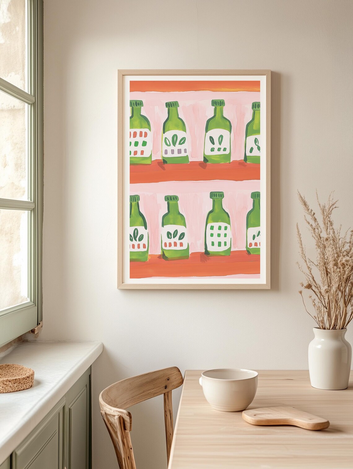 Retro Olive Oil Bottles on Orange Shelves Kitchen Art Poster - Image 2