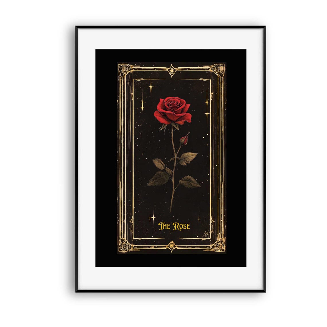 The Rose Tarot Style Gothic Red Rose Art Poster on Black and Gold