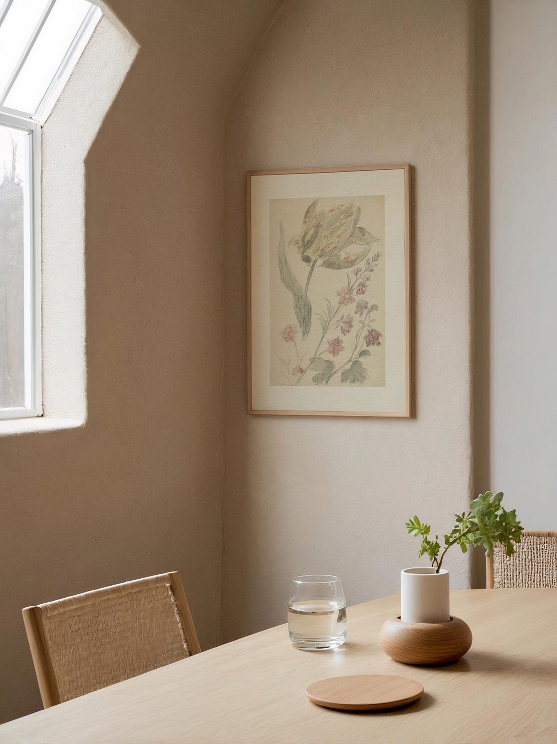 Vintage Neutral Cream Botanical Tulip Pink Flower Sketch Wall Art - Image 2