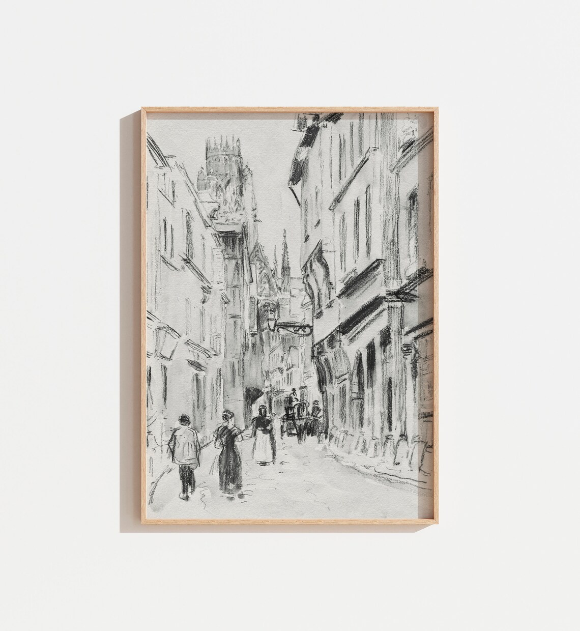Vintage Black Ink Old Town Street Sketch Church Tower Wall Art