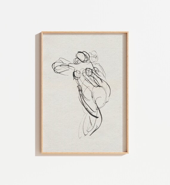 Vintage Abstract Line Figure Drawing Neutral Ink Sketch Minimal Wall Art